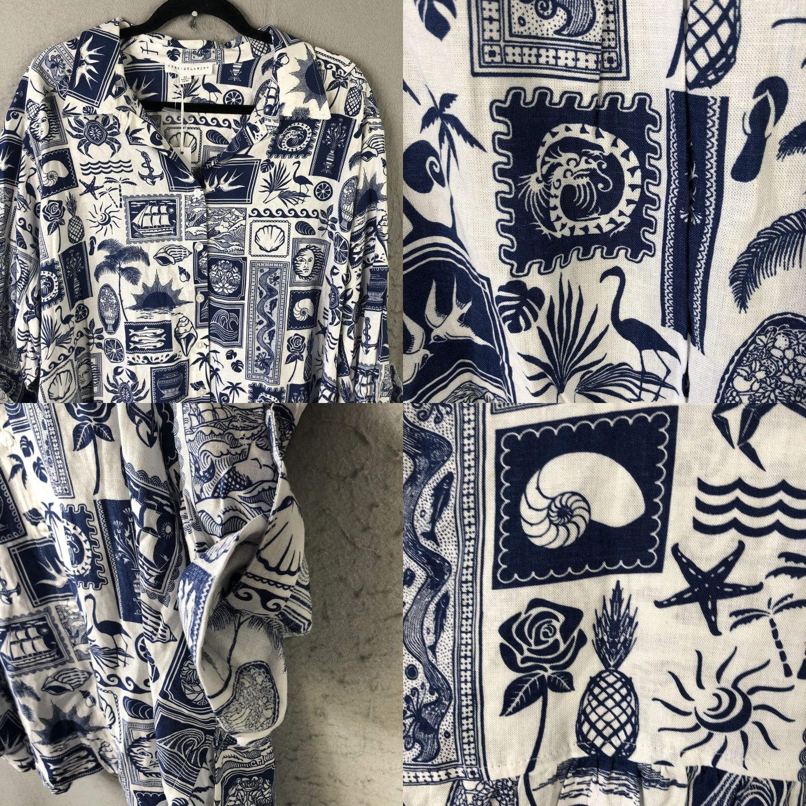Vintage JANE + DELANCEY Shirt Womens 2X Blue Nautical Print Linen Blend Tunic Beachy Size XXL / US 16-18 / IT 52-54 - 11 Thumbnail