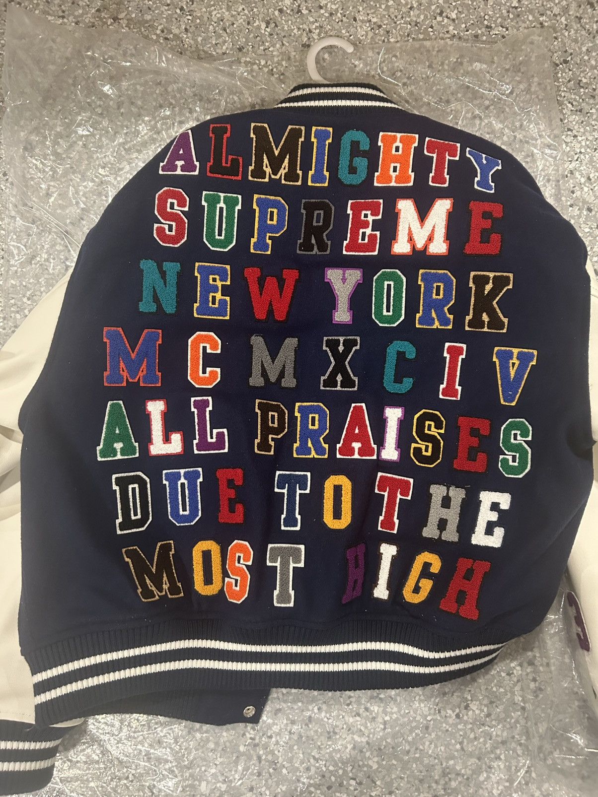 Supreme Praises Varsity Jacket Navy SS25 L BRAND NEW