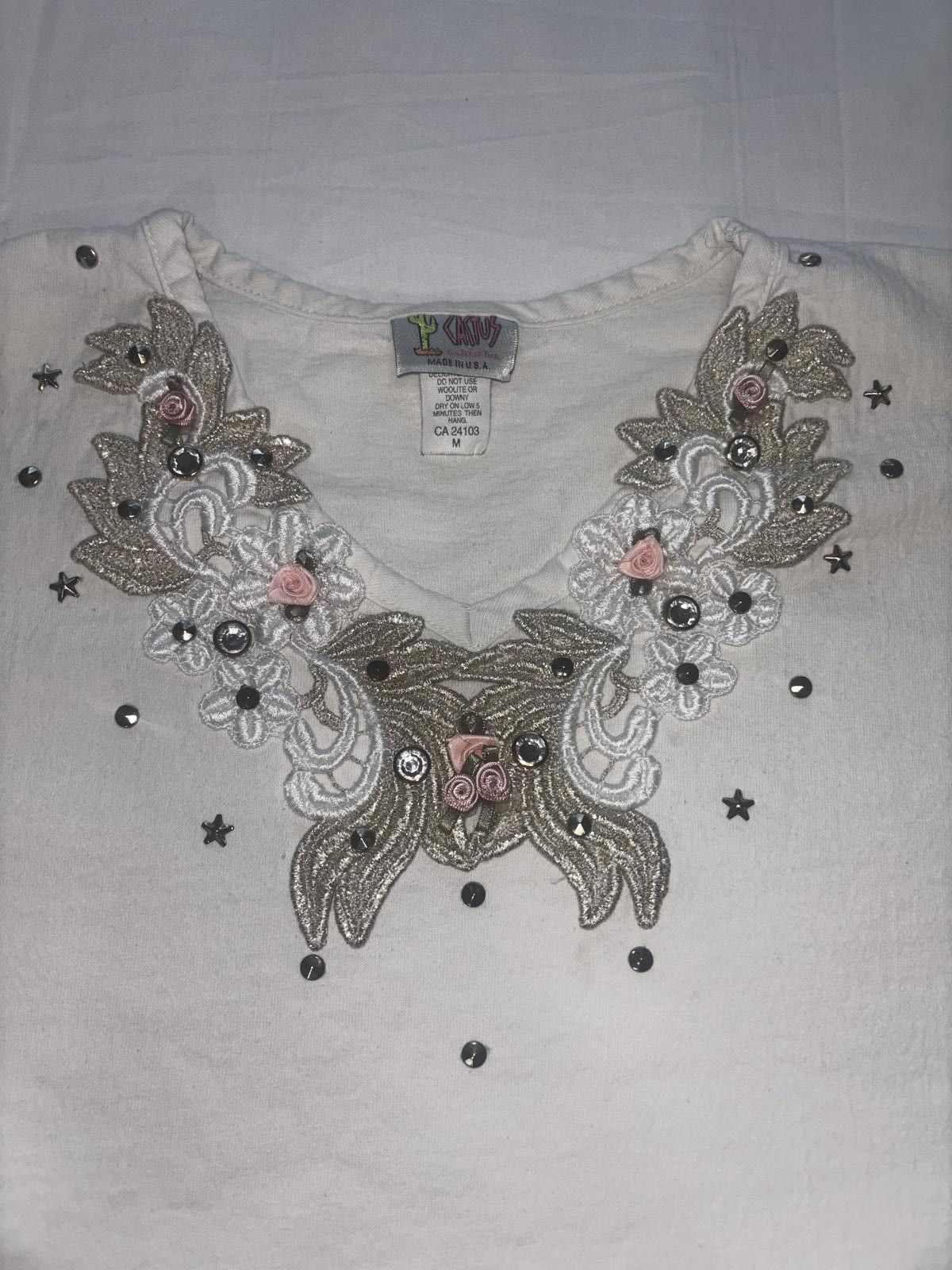 Designer Vintage Katy's Elegant Embroidered T-Shirt - Creme Size M / US 6-8 / IT 42-44 - 2 Thumbnail