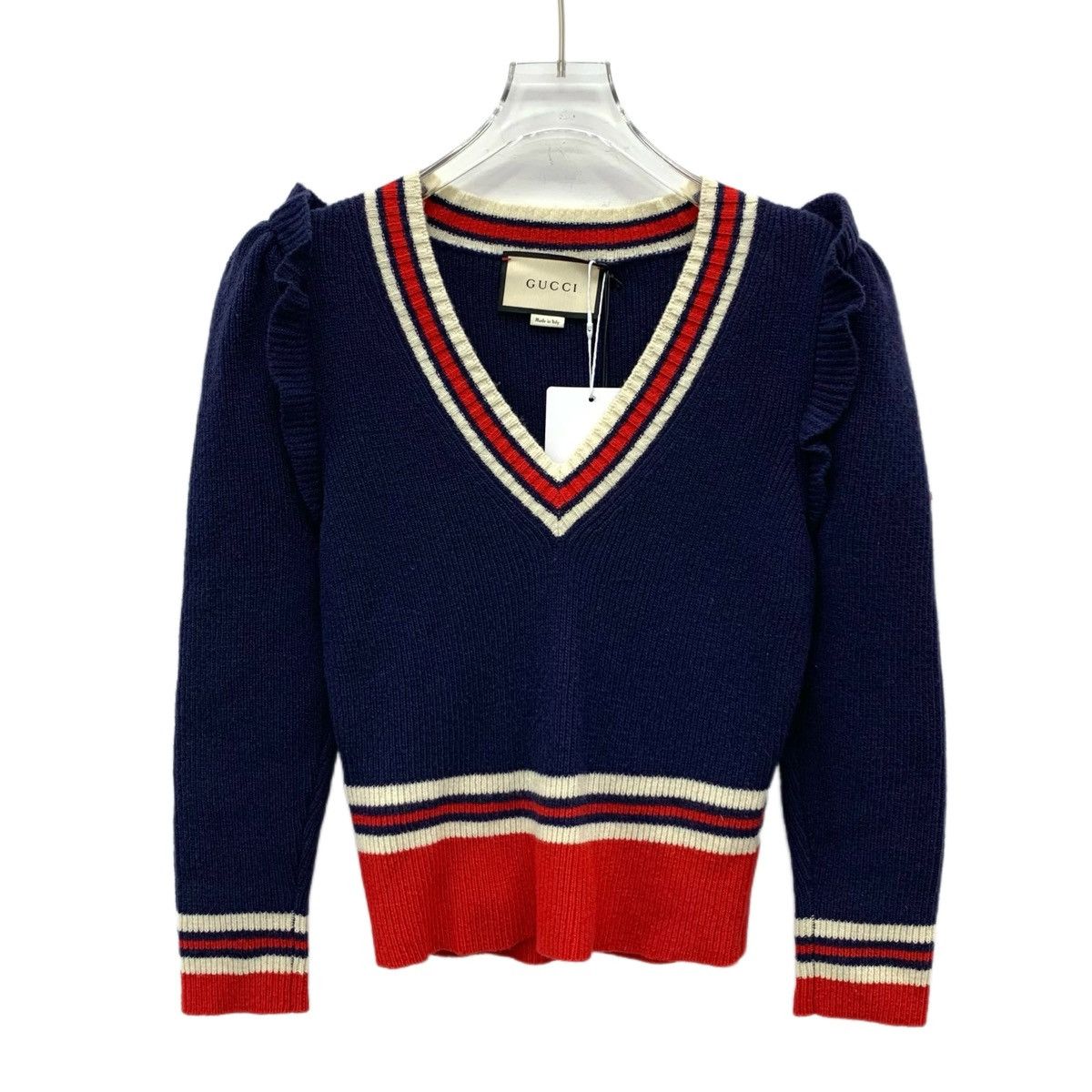 Gucci Gucci Navy Striped V-Neck Long Sleeve Knit Sweater K26WX Size M / US 6-8 / IT 42-44 - 1 Thumbnail