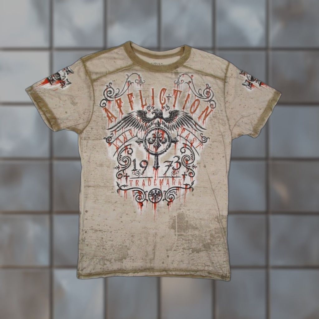 Affliction Shirt Mens Large Beige Short Sleeve Crew Neck 1973 AOP Made in USA