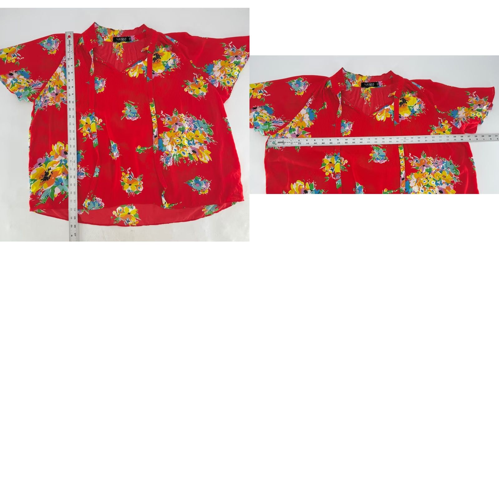 Ralph Lauren Lauren Ralph Lauren Blouse Size XL Red Floral Pleated Chiffon V Neck Preppy Boho Size XL / US 12-14 / IT 48-50 - 8 Thumbnail