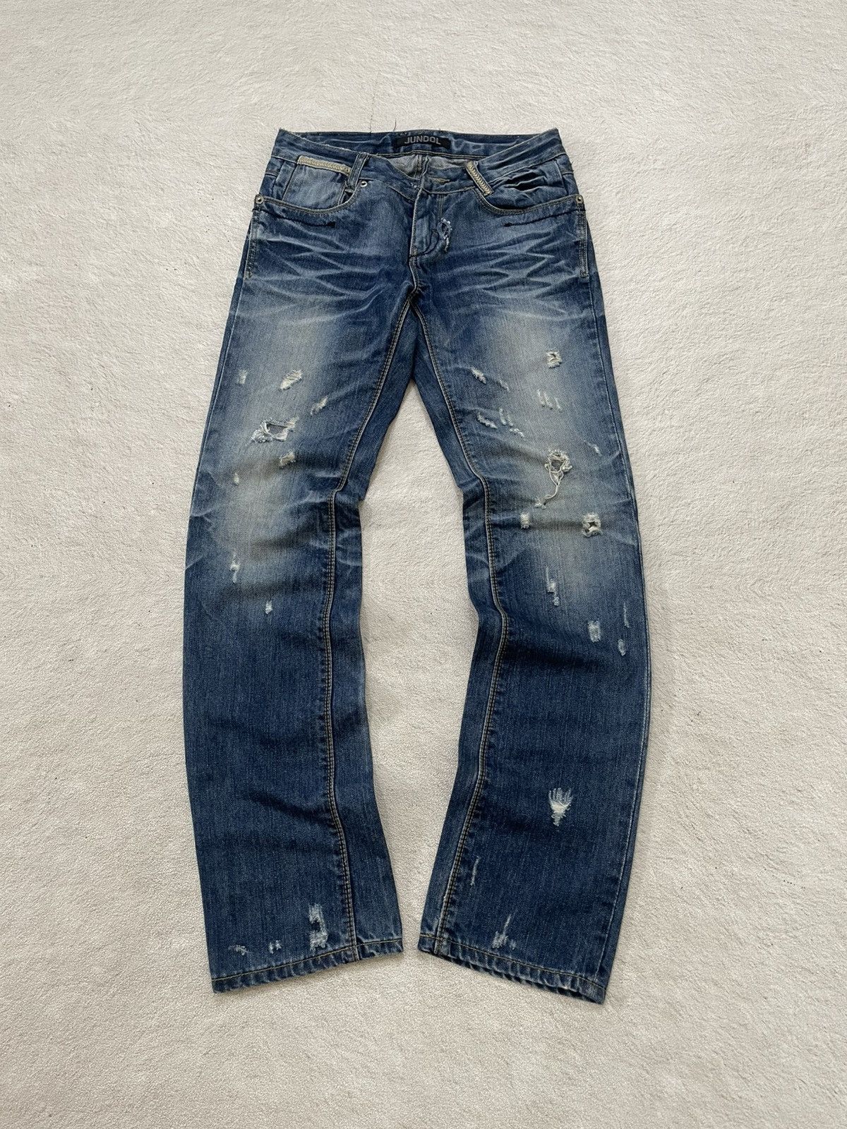 Japanese Brand 2000s Jundol raw Denim Heavy Distressed Midwash Hysteric Y2K Size US 27 - 1 Thumbnail