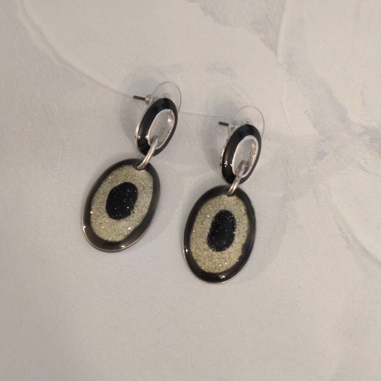 Vintage VTG 1980s Silver Black & Gold Glitter Oval Dangle Earrings Size ONE SIZE - 4 Thumbnail
