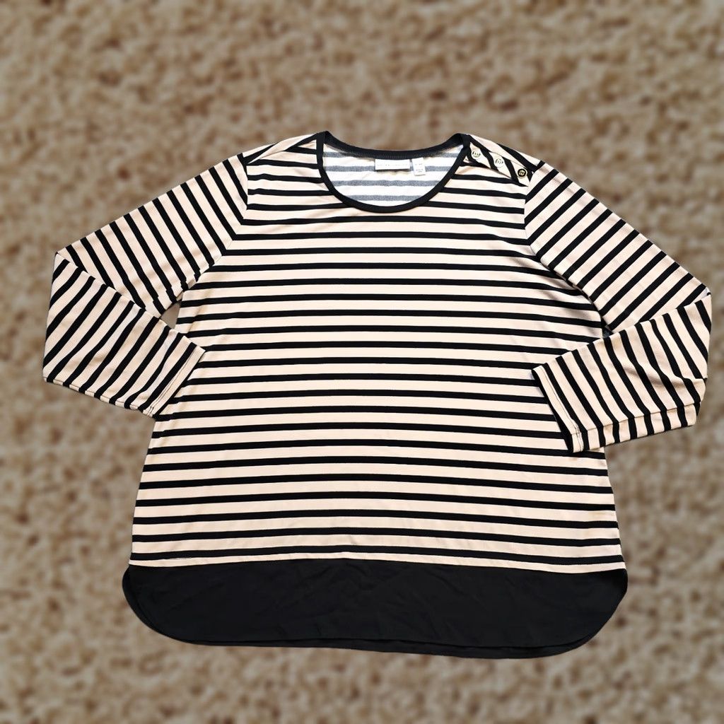 Vintage Susan Graver Top Women XL Petite Black Beige Stripe Button Stretch Casual Career Shirt Size XL / US 12-14 / IT 48-50 - 1 Thumbnail