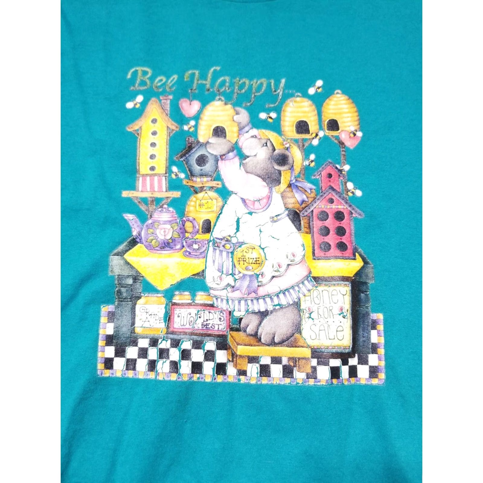 Fruit Of The Loom VINTAGE Fruit of the Loom Mens M Bee Happy Bear T Shirt USA Short Sleeve Crew Neck Cotton Blend Polyester Blue 90s Graphic Print Mens Size US M / EU 48-50 / 2 - 4 Thumbnail