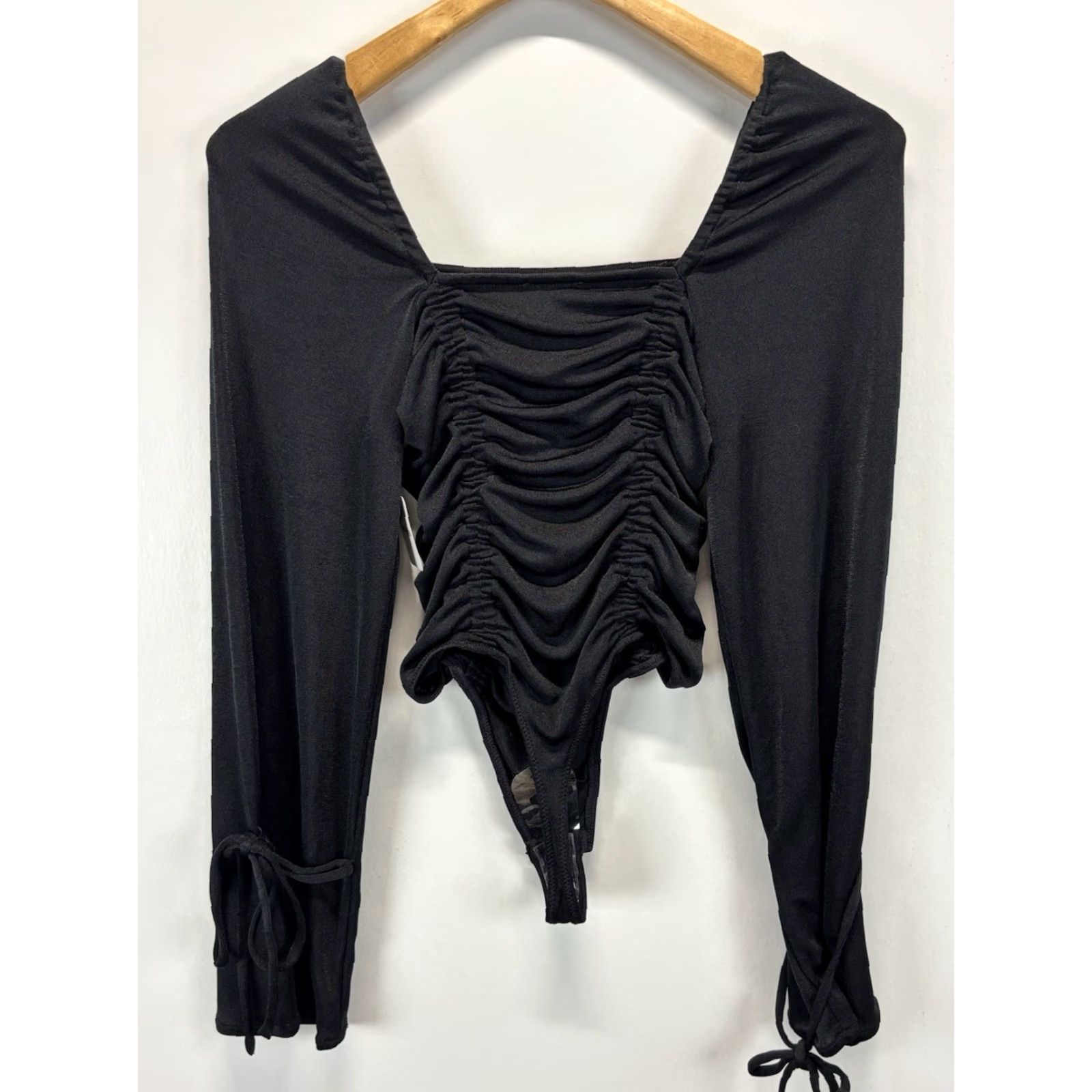 Free People VINTAGE? (No) Free People Bodysuit Shirt XS Women Black Ruched Gothic Vamp Meant To Be Long Sleeve Square Neck Womens XS Size XS / US 0-2 / IT 36-38 - 3 Thumbnail
