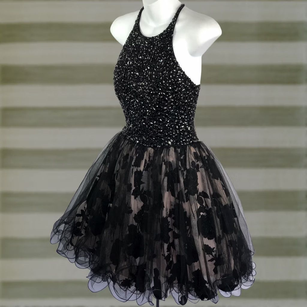 Vintage Jovani Formal Dress 4 Sleeveless Blk/Pnk Floral Beaded Halter Wired Full Skirt Size 27" / US 4 / IT 40 - 1 Thumbnail