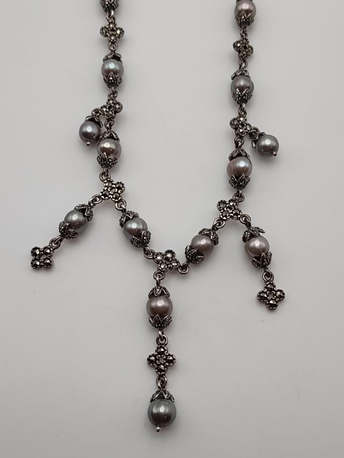 The Unbranded Brand Sterling Silver Pearl & Marcasite Rosary Style Necklace Size ONE SIZE - 1 Thumbnail