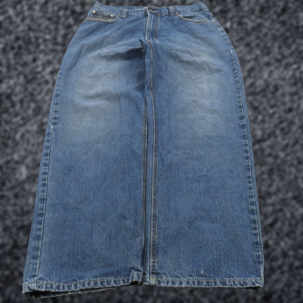 Vintage Street Jeans Baggy Jeans Men 34 Y2K Embroidered Skater Grunge Wide 10" Leg Opening Pipes 34x30 Blue Denim Cotton 5-Pocket Logo Vintage Mens Size US 34 / EU 50 - 1 Thumbnail