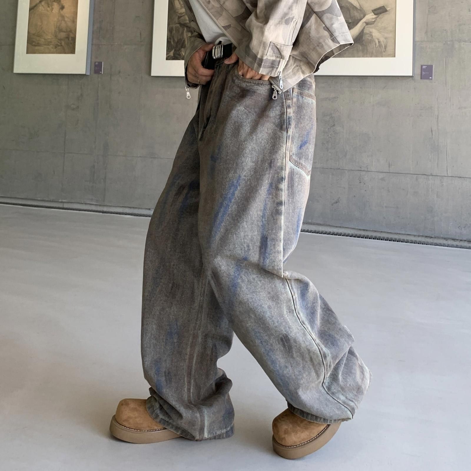 Gray Wide Leg Denim Jeans, Baggy Casual Jeans