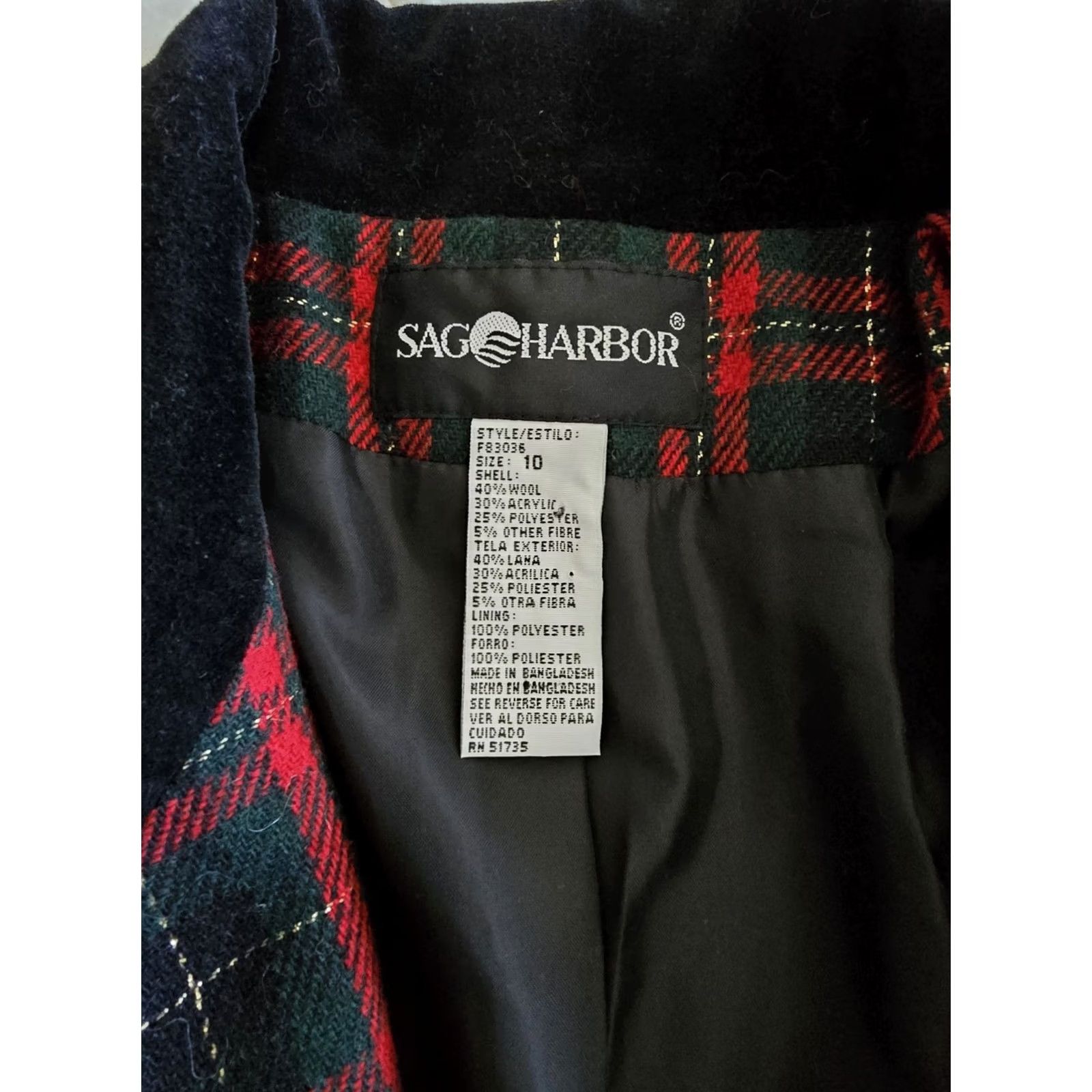 Vintage VINTAGE Sag Harbor Blazer Wool Plaid Red Black Velvet Collar 1990s Women Mens? Size L / US 10 / IT 46 - 3 Thumbnail
