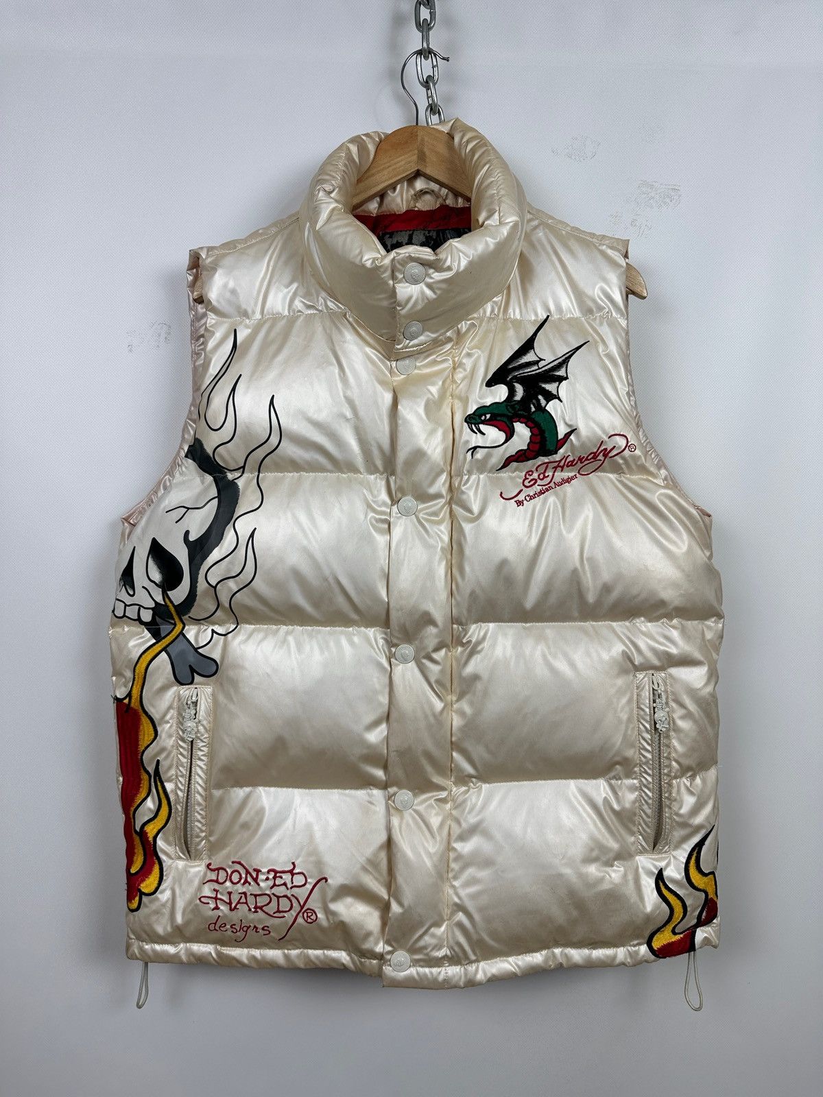 Christian Audigier Vintage Ed Hardy Flaming Skull Down Puffer Vest Size US L / EU 52-54 / 3 - 2 Thumbnail