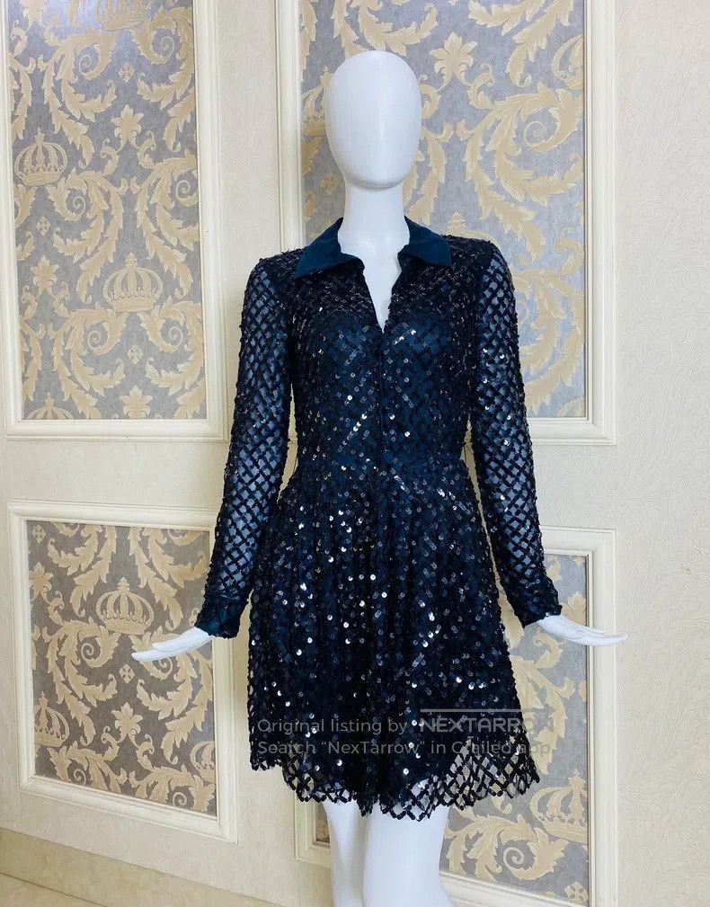 Valentino Valentino Navy blue sequin sweater feather collar dress Size S / US 4 / IT 40 - 5 Thumbnail