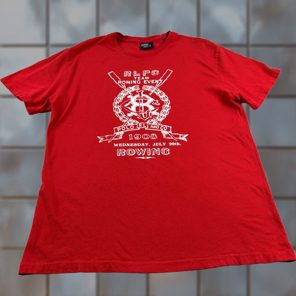 VINTAGE Polo Ralph Lauren Shirt Men Small Red Team Rowing RLPC Graphic Crew Neck Shirt
