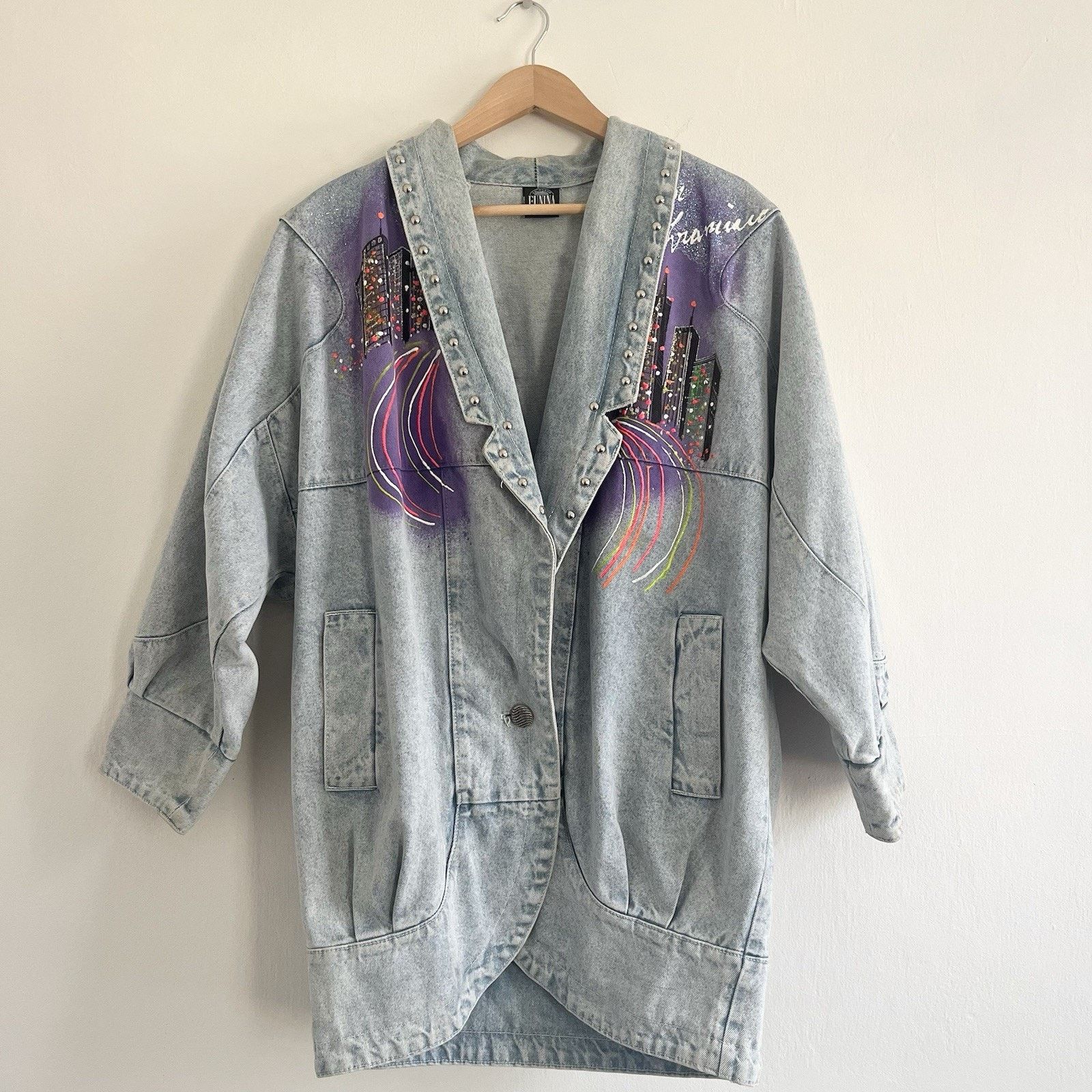 Vintage Hand-Painted Studded Denim Jacket San Francisco Cityscape Size L / US 10 / IT 46 - 2 Thumbnail