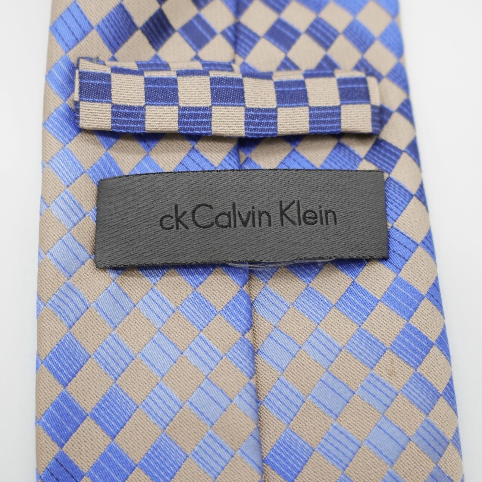 Calvin Klein Calvin Klein Blue Tan Woven Checkerboard Long Silk Tie Size ONE SIZE - 3 Thumbnail