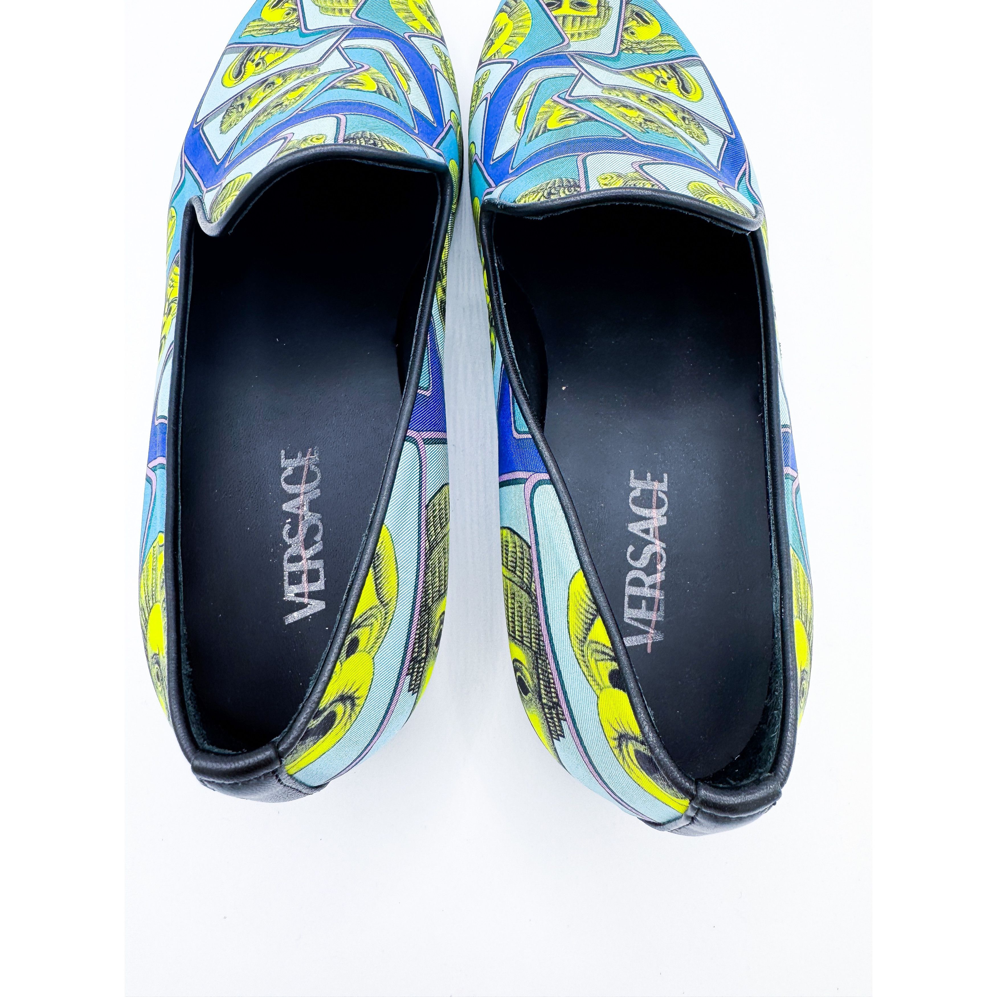 Versace Versace Masks Print Silk Twill Loafer In Acid Green Teal Size US 8 / EU 41 - 9 Thumbnail