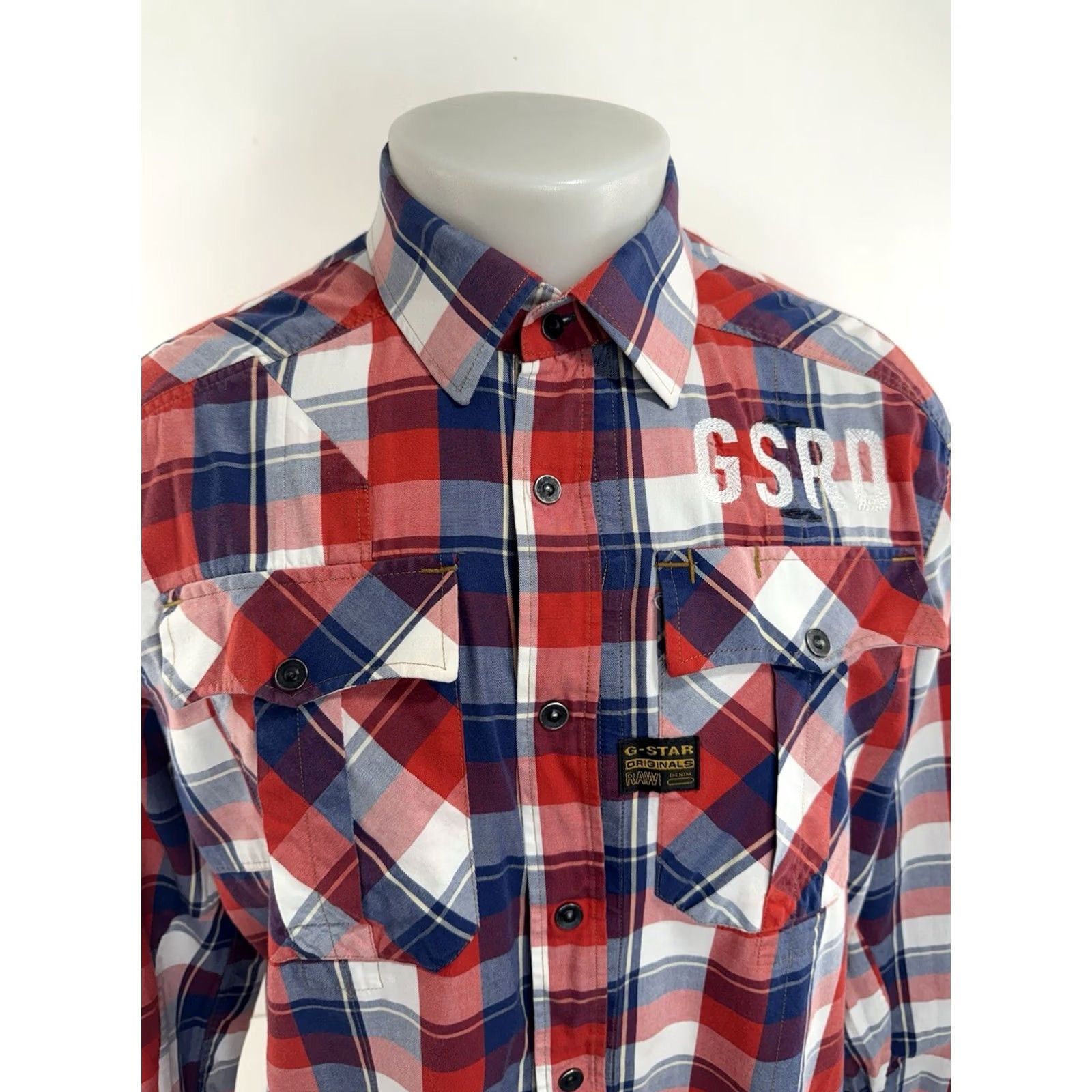 G-Star G-STAR RAW Plaid Shirt / Full Zip Embroidered L / XL Red White Blue Snap Button-Up - Men’s Long Sleeve, 2XL, Stars Theme, EXCELLENT Size US XXL / EU 58 / 5 - 2 Thumbnail