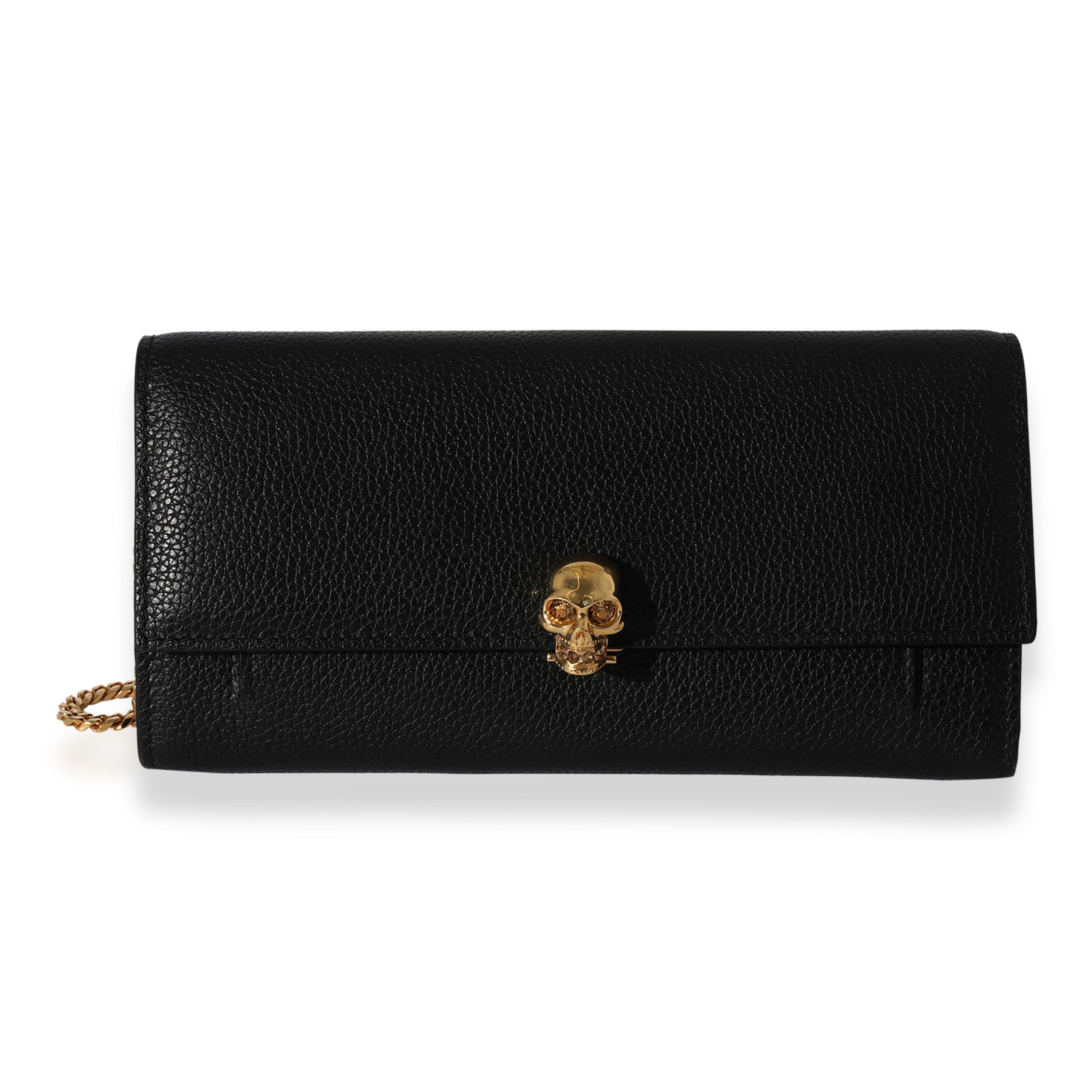 image of Alexander Mcqueen Black Pebbled Leather Skull Chain Wallet, Women's