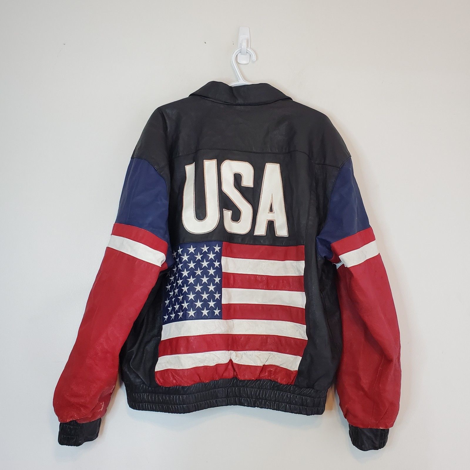 Vintage Vintage 90s USA Flag Leather Bomber Jacket Black Size XL Size US XL / EU 56 / 4 - 2 Thumbnail