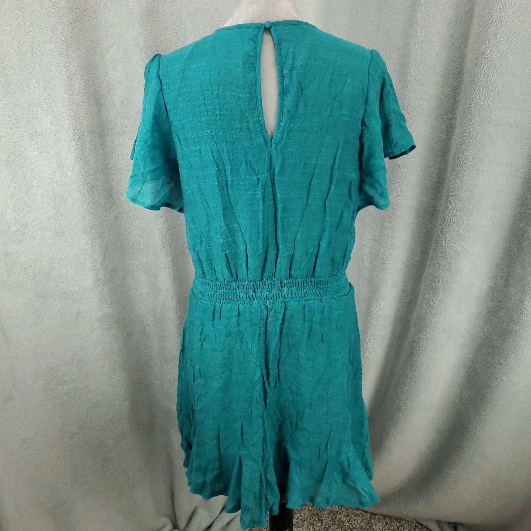 Vintage Womens Dress L Teal Blue Green Elastic Waist Lined Mini Swing CrissCros V-Neck Short Sleeve A-Line, Bohemian, Hippie, Peasant UMGEE Shirt? Size L / US 10 / IT 46 - 3 Thumbnail