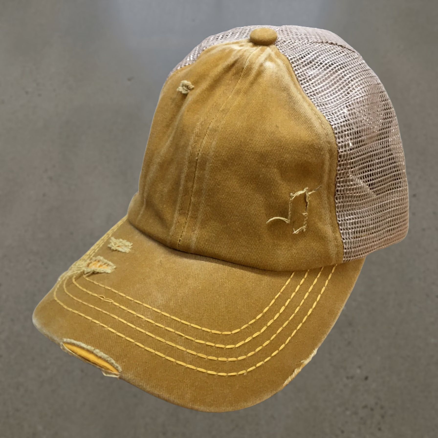 Vintage Womens Trucker Hat CC Exclusives Distressed High Ponytail Gold OS Cap Casual Adjustable Mesh Back Ready-to-Wear Size ONE SIZE - 1 Thumbnail