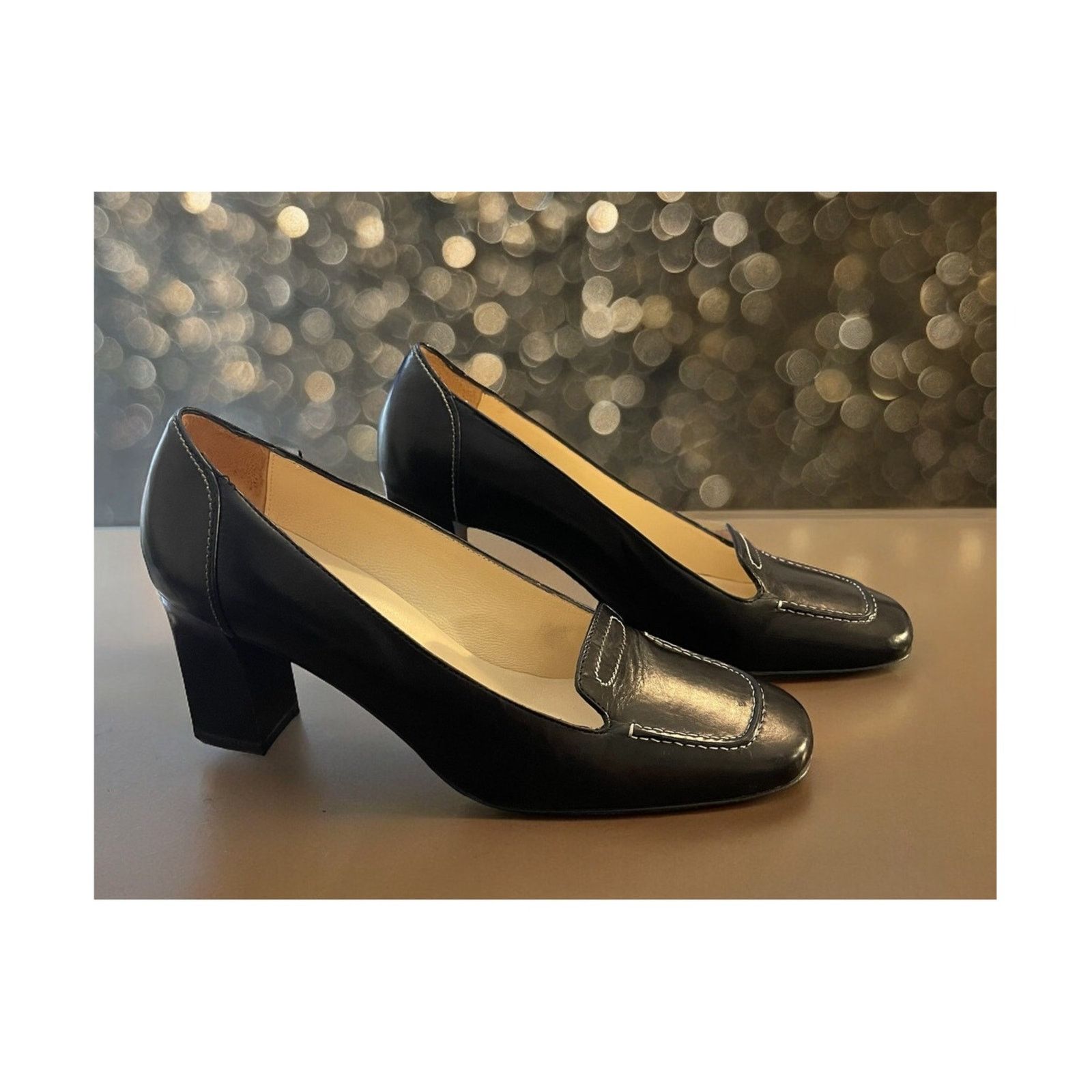 Unknown London Anne Taylor Black Shoes Chunky Heels Pumps Leather Sz 6.5 M Size US 6.5 / IT 36.5 - 2 Thumbnail
