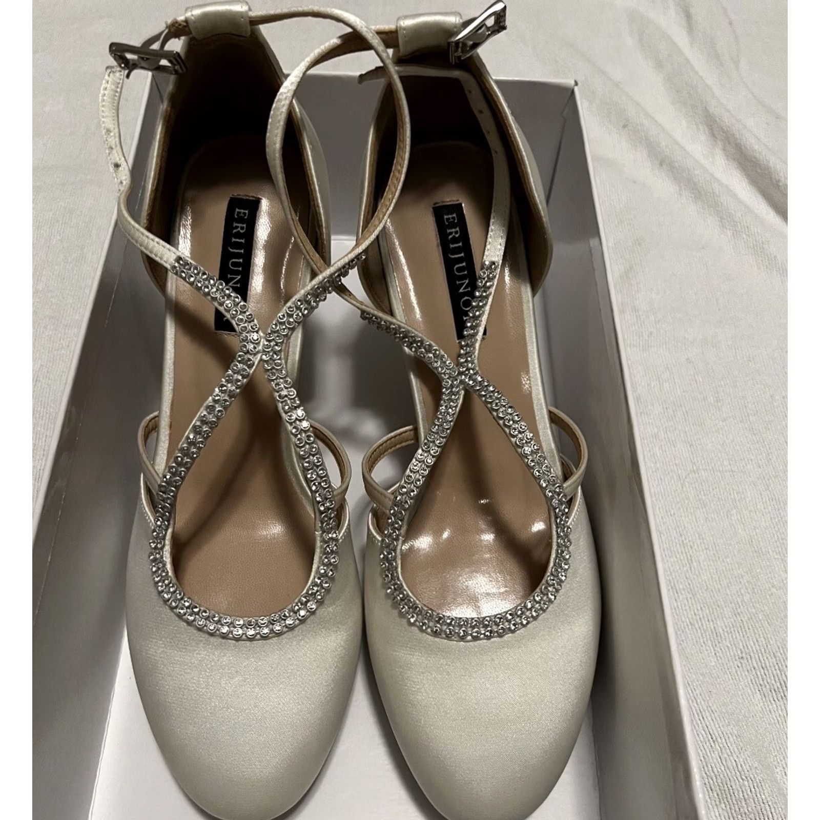 Vintage Womens Satin Ivory High Heel Closed Toe SIZE 7 Rhinestone Heels Wedding Buckle Erijunor Stiletto 7 Womens Shoes Size US 7 / IT 37 - 6 Thumbnail