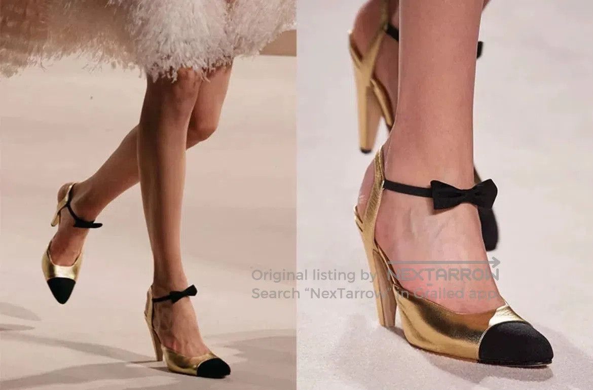 Chanel Chanel Runway Black Gold Bow Block Heels. Size US 5.5 / IT 35.5 - 9 Thumbnail