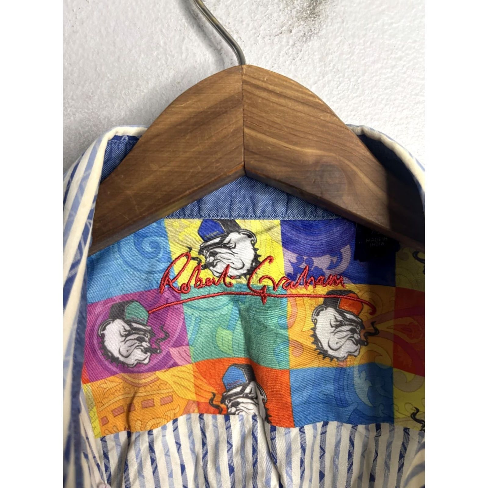 Robert Graham Robert Graham Shirt Mens XL Blue White Stripe Embroidered Bulldog Size US XL / EU 56 / 4 - 4 Thumbnail