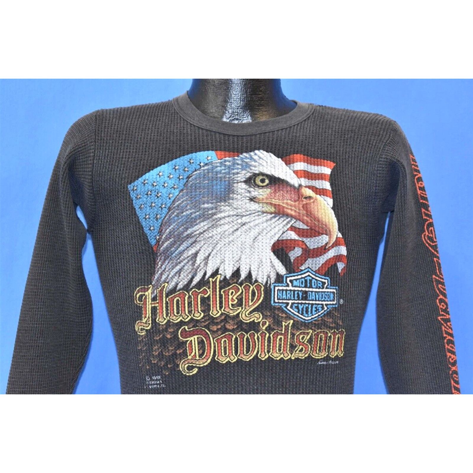 Image of Vintage 80's Harley Davidson 3D Emblem Eagle Waffle Weave Thermal Long sleeve T-Shirt Xs in White (