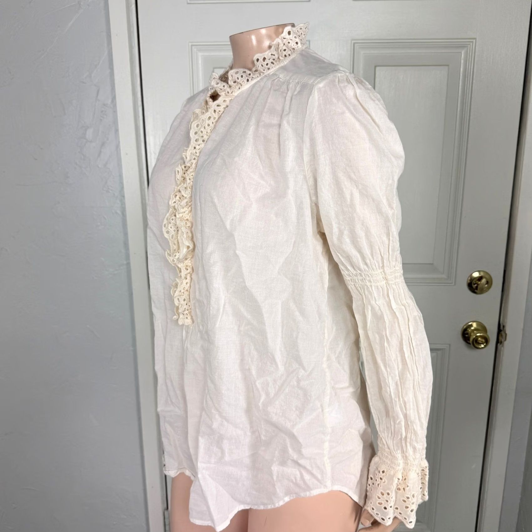 ME+EM ME+EM Womens Shirt S 12 Cotton Button Ruffle Collar Long Sleeve Smocked Cream Bohemian 12 Mens Womens Size XL / US 12-14 / IT 48-50 - 3 Thumbnail