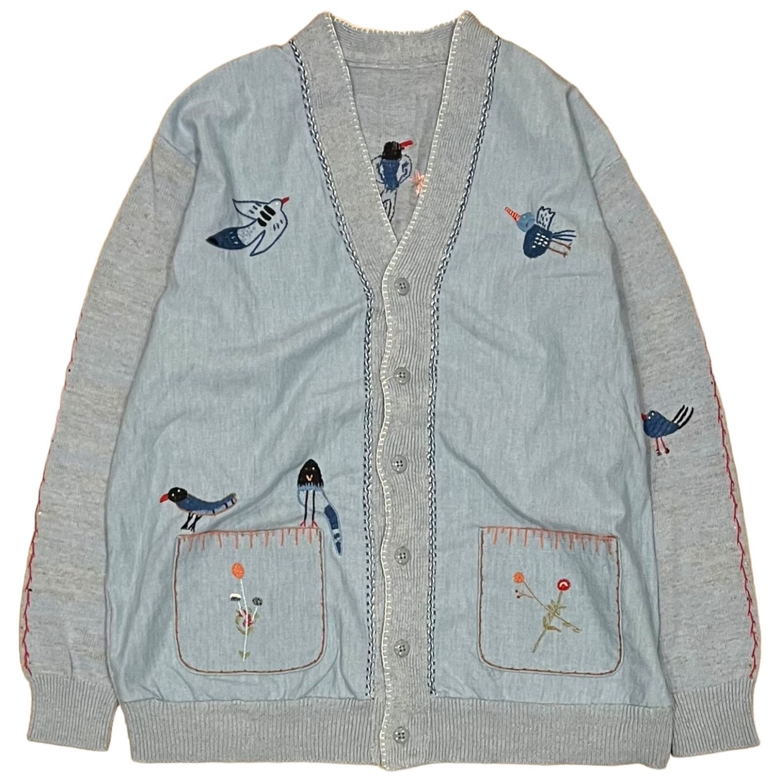 image of Kapital Knit X Chambray Cardigan (Magpie Embroidery) in Blue, Men's (Size Small)