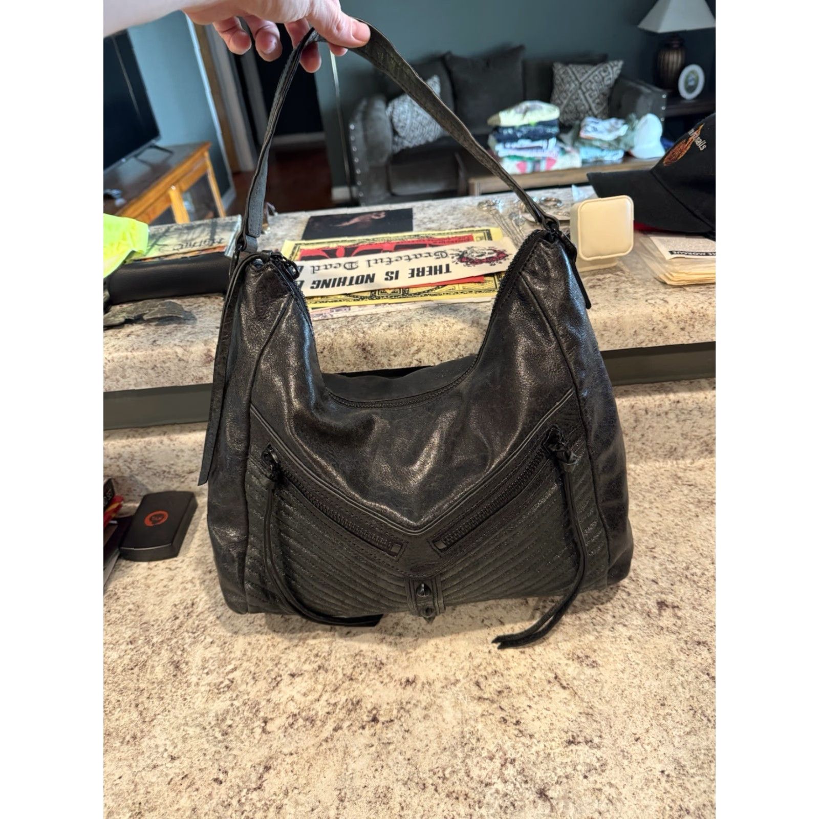 Vintage Botkier New York Black Metallic Leather Hobo Satchel Bag Purse Women Large Leather Black Metallic Finish Size ONE SIZE - 3 Thumbnail