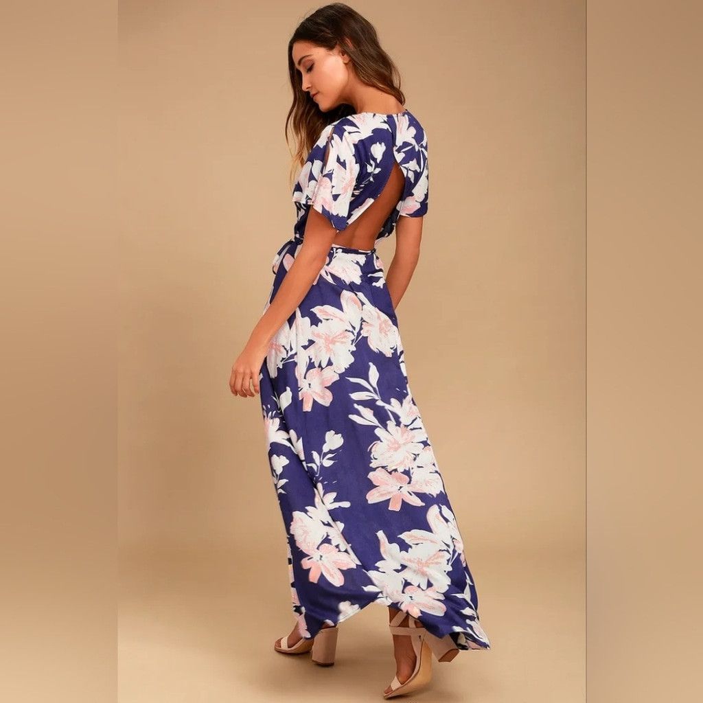 Lulus NWT Lulu's Azalea Regalia Navy Blue Floral Wrap Maxi Dress Size S / US 4 / IT 40 - 2 Thumbnail