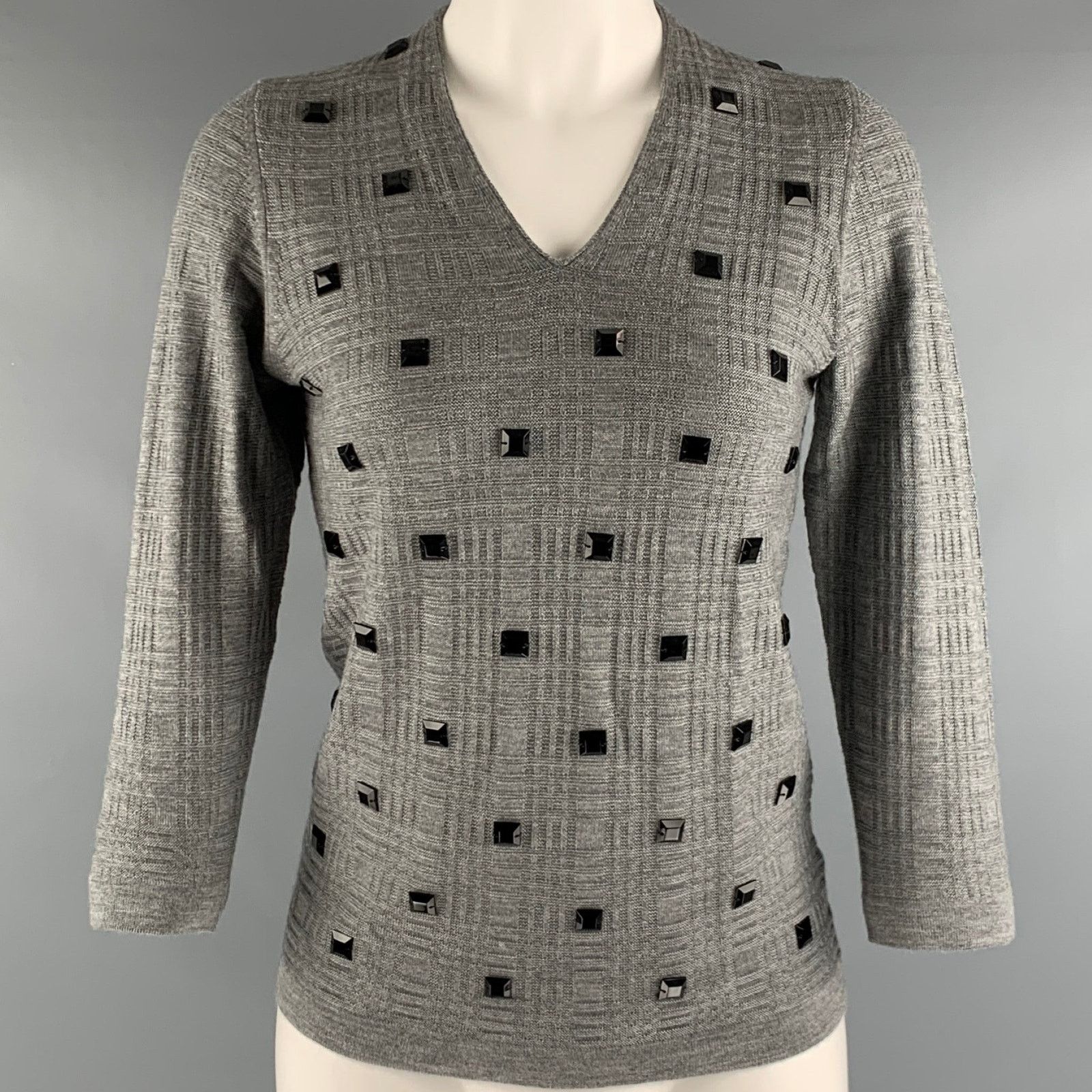 Other MARLOWE S Grey Black Cashmere Silk Beaded V Neck Casual Top Size S / US 4 / IT 40 - 1 Thumbnail