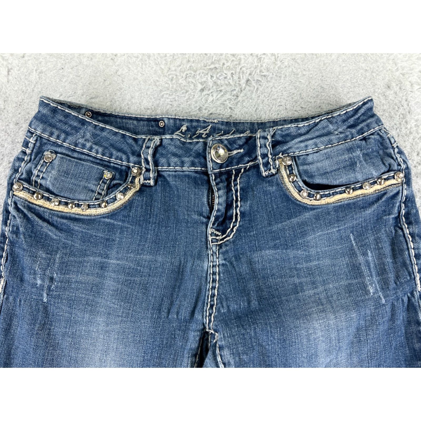 Vintage LA Idol Jeans Women 9 Blue Denim Skinny Embroidered Bling Cotton Blend Pants Set Size 30" / US 8 / IT 44 - 4 Thumbnail