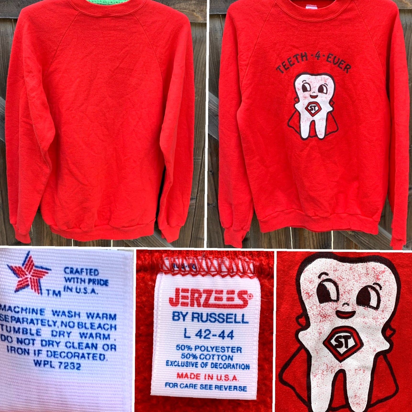 Jerzees VINTAGE Jerzees BY Russell ST Super Tooth Raglan Sweatshirt Men L Red 1980s 80s Teeth-4-Ever Graphic Print Pullover Crew Neck Long Sleeve Sweatshirt Size US L / EU 52-54 / 3 - 5 Thumbnail