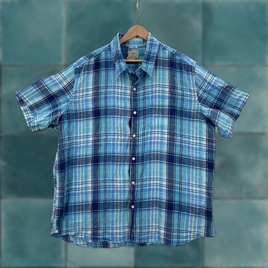 Vintage VINTAGE L.L.Bean Shirt Mens 2XL Blue Plaid Linen Short Sleeve Button-Down Fitted Preppy Size US XXL / EU 58 / 5 - 1 Thumbnail