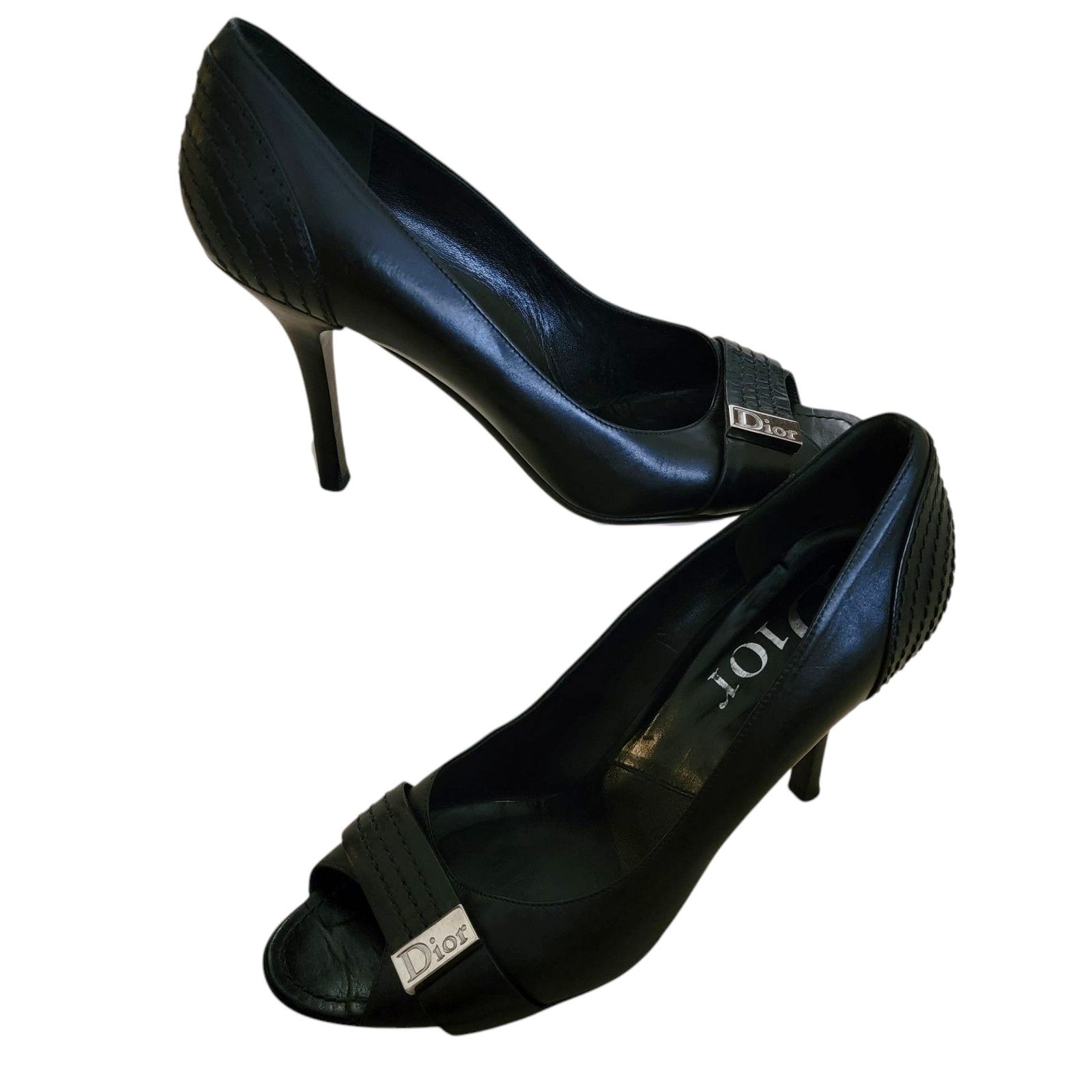 Christian Dior Vintage Black Leather Peeptoe Heel Shoes Pumps, Women's (Size 9)