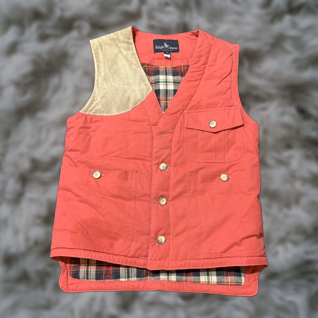 VINTAGE Ralph Lauren Polo Down Vest Leather Suede USA 1980s Hunter Jacket Red Zip Pockets