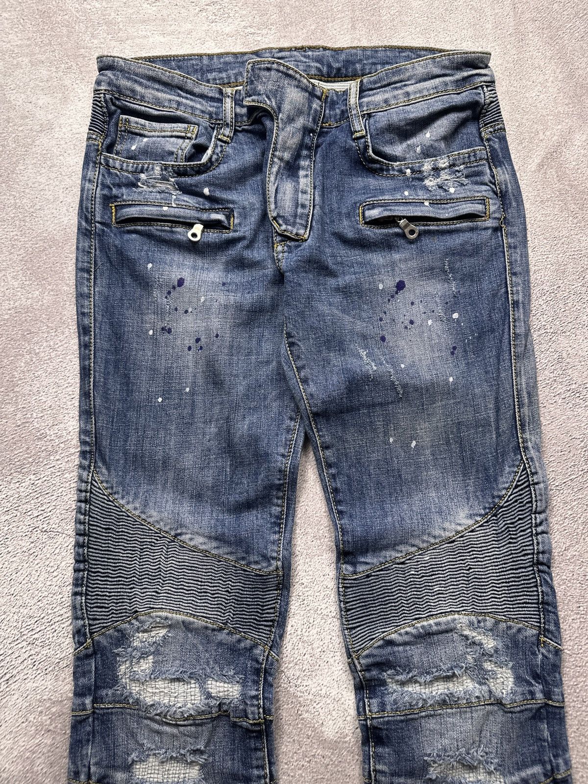 Archive Painted Biker Distressed Denim Jeans Balmain Style