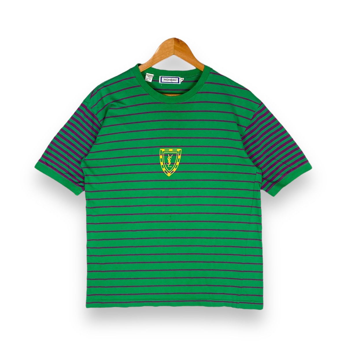 image of Vintage 90's Shield YSL Center Logo Green Striped Design Tee, Men's (Size Medium)
