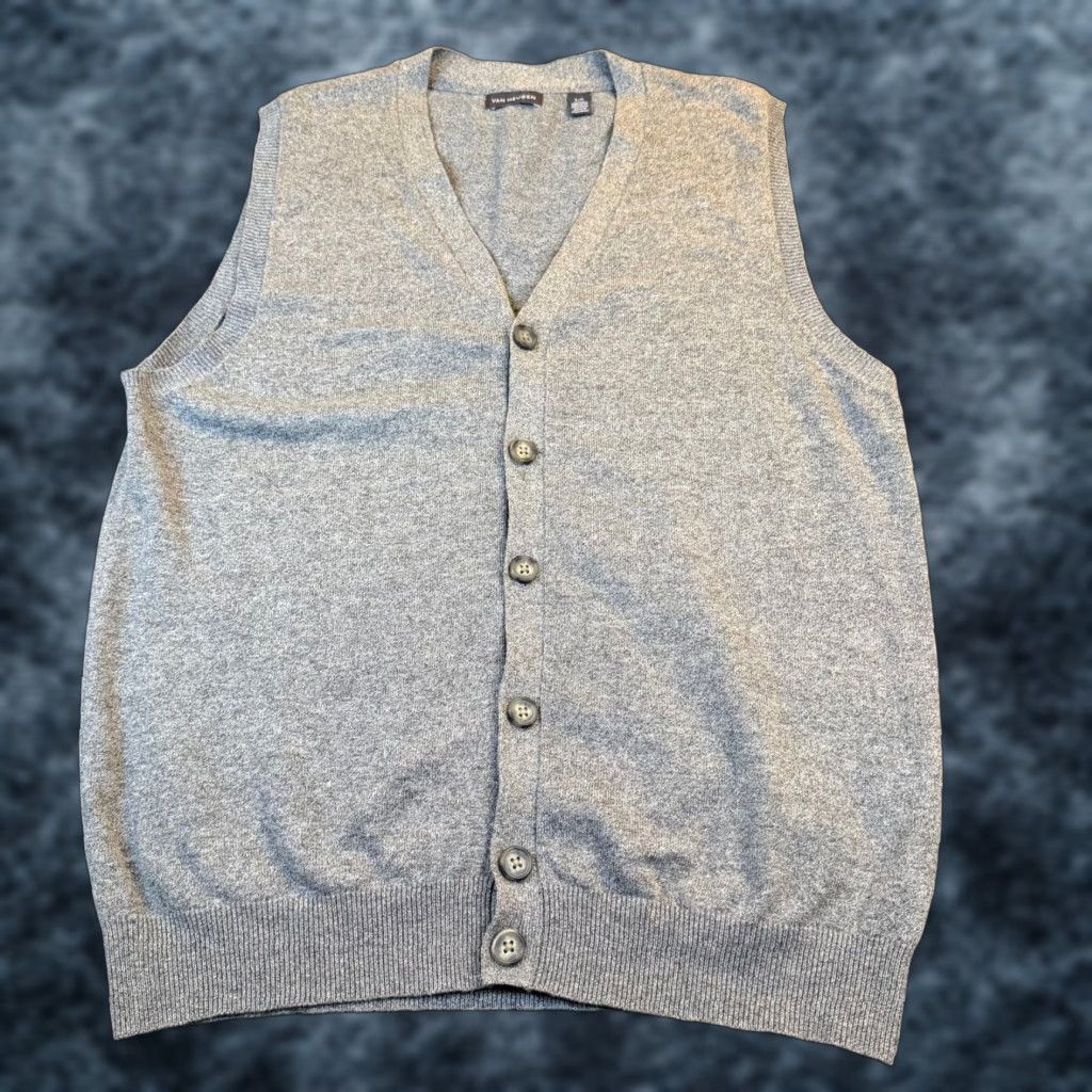 VAN HEUSEN Cardigan Vest Sweater Men Small Gray Button Front Cotton Blend Knit Style Cardigan Sleeveless V-Neck Regular Casual Business