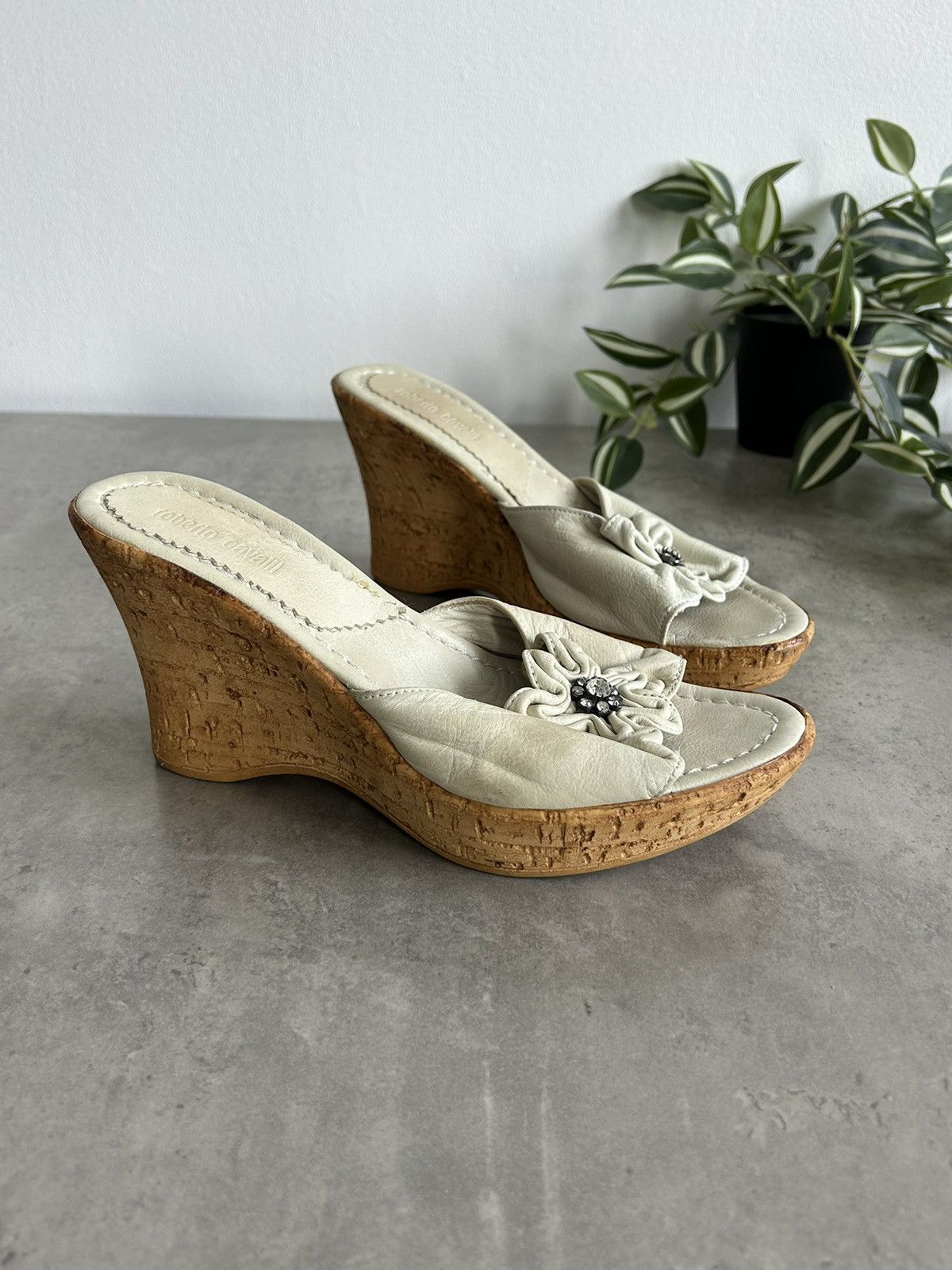 Roberto Cavalli Vintage Wedge Leather Y2K sandals cork