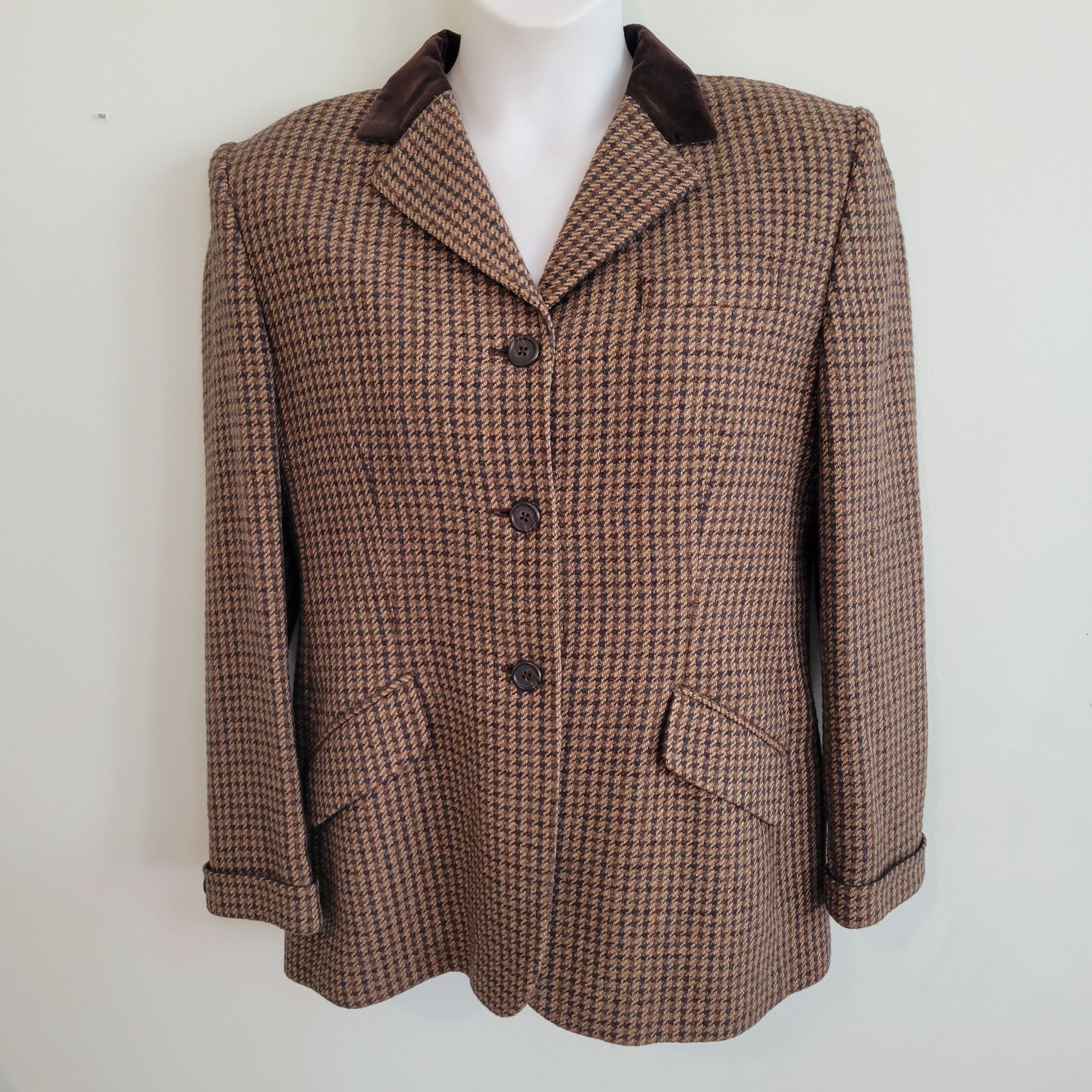 image of Lauren Ralph Laurent 14 Brown Wool Tweed Blazer Jacket Velvet, Women's (Size XL)