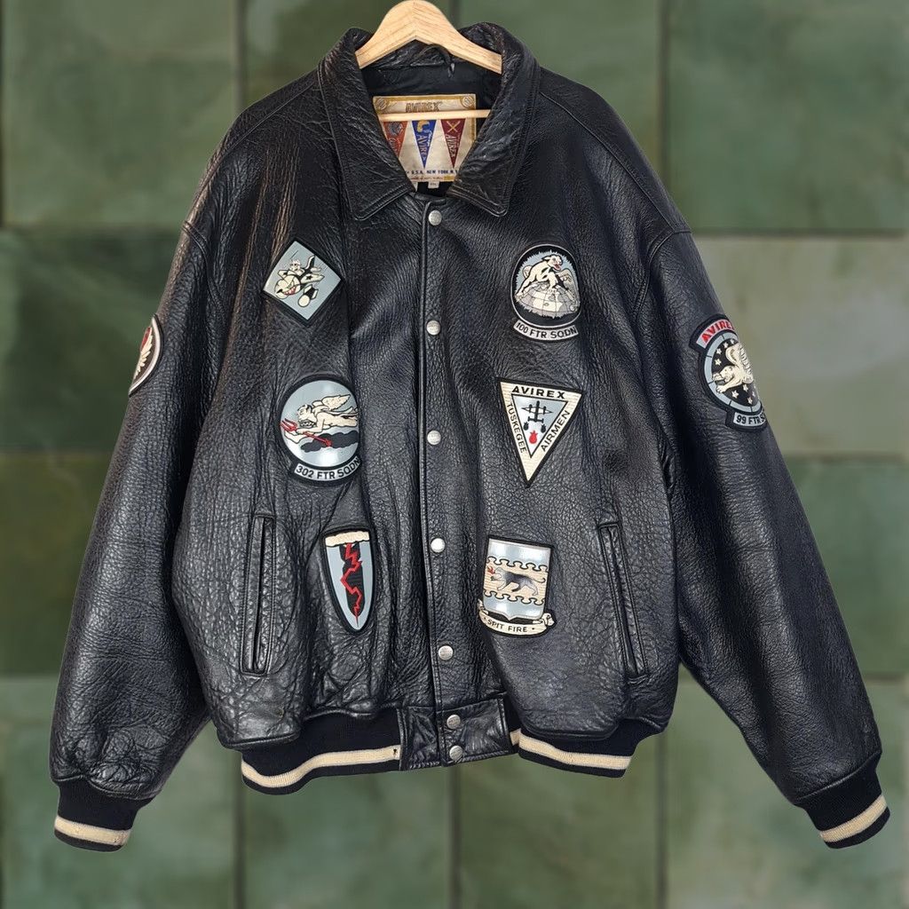 Avirex VINTAGE Avirex Jacket Mens 5XL Leather Bomber Black Aces Tuskegee Patch Military Patches Bomber Short Snap Collar M Size US XXL / EU 58 / 5 - 1 Thumbnail