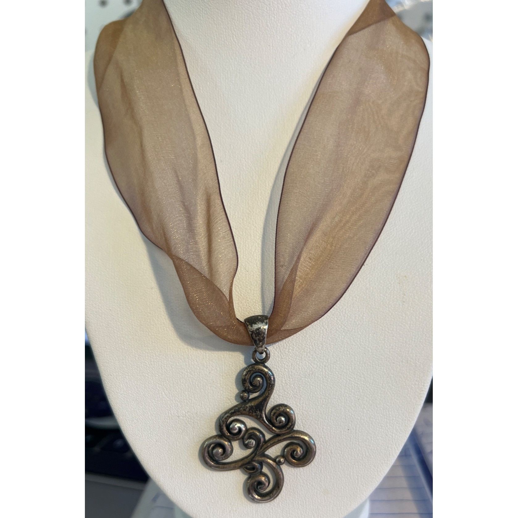 Other Vintage Sterling Silver Swirl Pendant Necklace Sheer Ribbon Size ONE SIZE - 1 Thumbnail