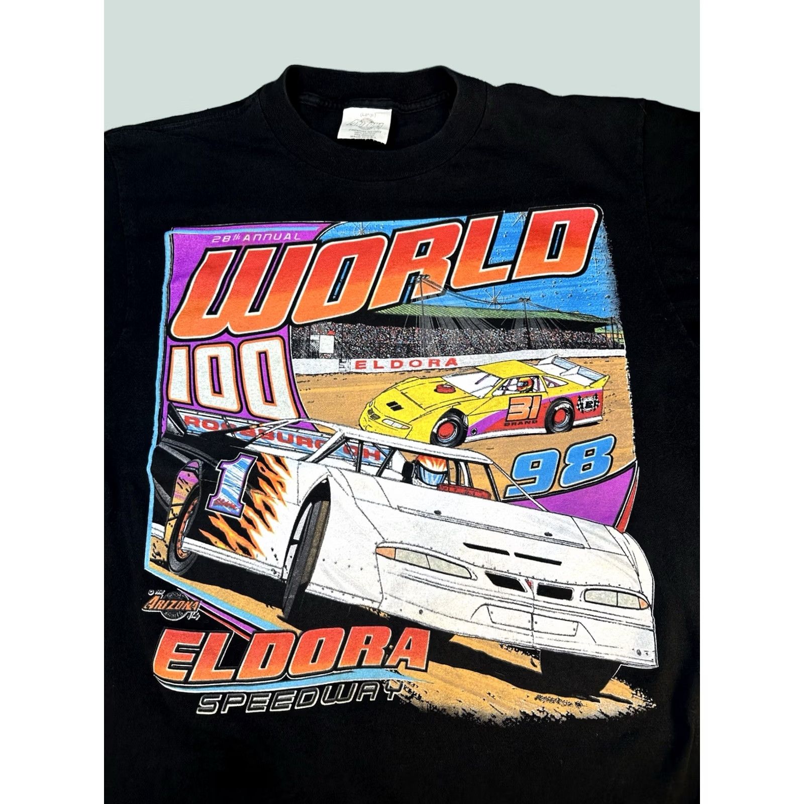 Vintage VTG 1998 World 100 Eldora Speedway Racing T-Shirt USA Dirt Track Large Mens Black Arizona Sports Shirts Size US L / EU 52-54 / 3 - 1 Thumbnail